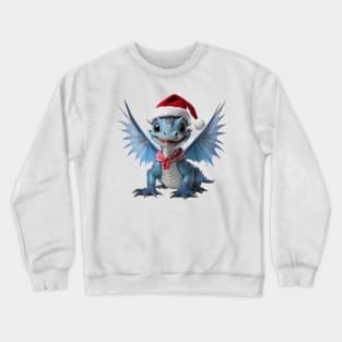 Realistic Artwork of a Cute Blue Baby Dragon Wearing a Red Santa Christmas Hat Crewneck Sweatshirt